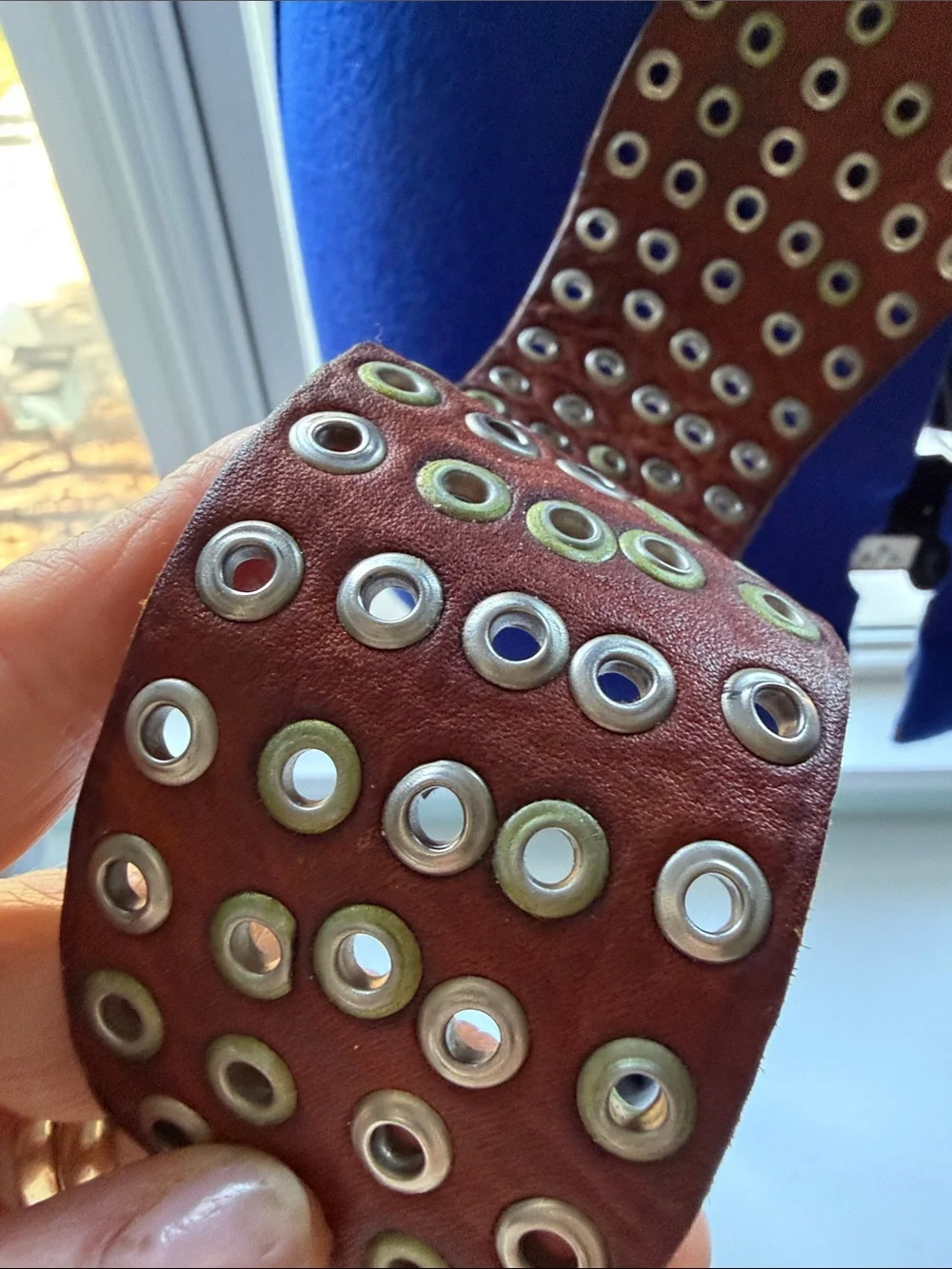 Brown Eyelet Leather Belt with Ornate Silver Buckle. - Picture 3 of 9